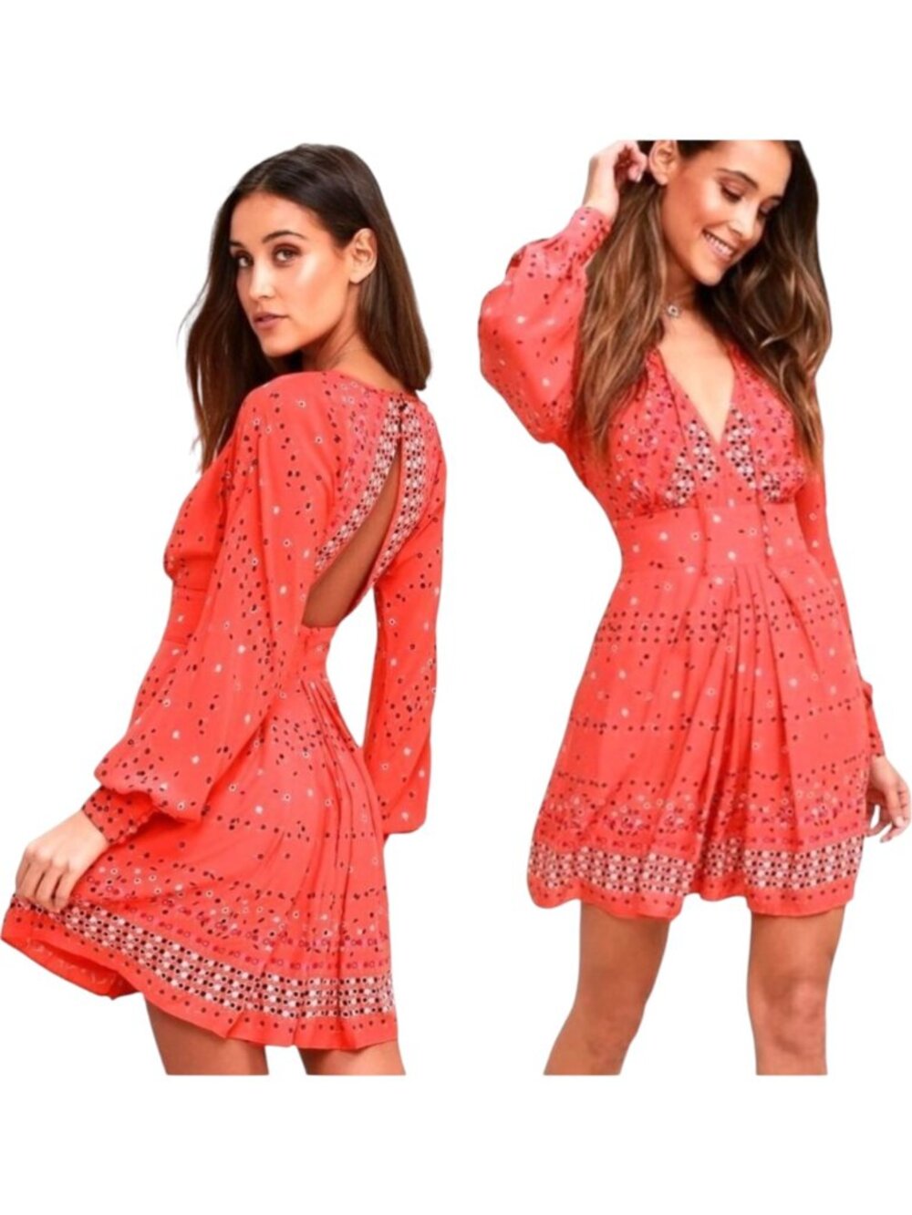 Free‎ People Red Coryn Coral Polka Dot Long Sleeve Fit And Flare Dress Size 0